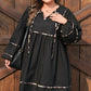 Black Plus Size Long Sleeve Leopard Contrasted Trim Tie Neck Flared Mini Dress