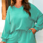 Sea Green Drop Shoulder V Neck Pullover Top and Drawstring Short Plus Size Set