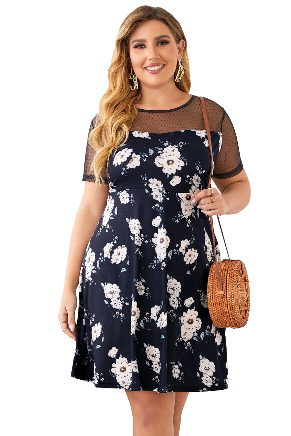 Blue Plus size Floral Print Polka Dots Mesh Patch Mini Dress