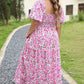 Pink Plus Size Floral Print Smocked Puff Sleeve Dress