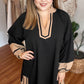 Black Plus Size Color Block Striped Trim V Neck Long Sleeve Shift Mini Dress