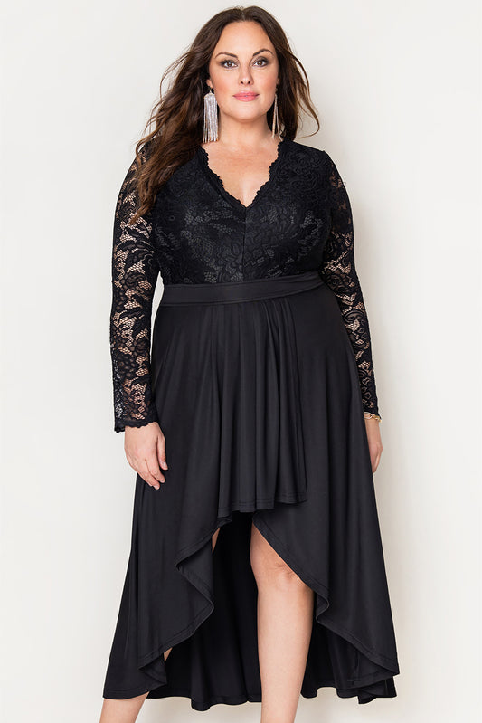 Black Plus Size High-Low Lace Contrast Evening Dress