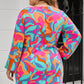 Multicolor Plus Size Abstract Print Pleated Surplice Long Sleeve Dress