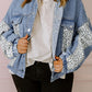 Beau Blue Leopard Patchwork Flap Detail Plus Size Denim Jacket