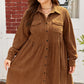 Camel Corduroy Full Buttoned Collared Shirt Style Plus Size Dress