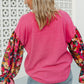 Bright Pink Floral Patchwork Flounce Sleeve Rib Knit Plus Top