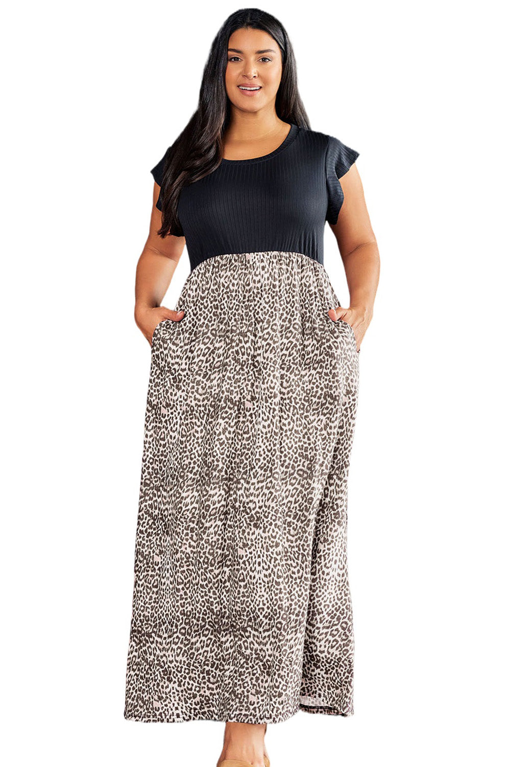 Black Plus Size Rib Leopard Short Sleeve Maxi Dress