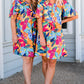 Multicolour Plus Size Leafy Print Split Neck Short Sleeve Shift Dress