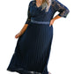 Blue Lace Scalloped V Neck 3/4 Sleeves Pleated Tulle Plus Maxi Dress