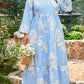 Sky Blue Floral Bracelet Sleeve V Neck Plus Size Tiered Maxi Dress