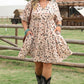 Beige Printed Surplice V Neck Cuffed Sleeve Empire Waist Plus Size Dress