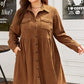 Camel Corduroy Full Buttoned Collared Shirt Style Plus Size Dress