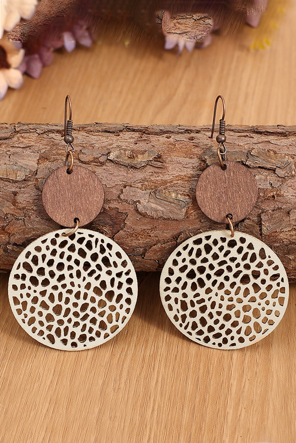 Beige Hollow Out Wooden Round Drop Earrings