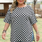 Black Checkered Print Side Slits O Neck Plus Size T Shirt