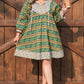 Green Plus Size Mixed Floral Print Striped Trim Loose Mini Dress