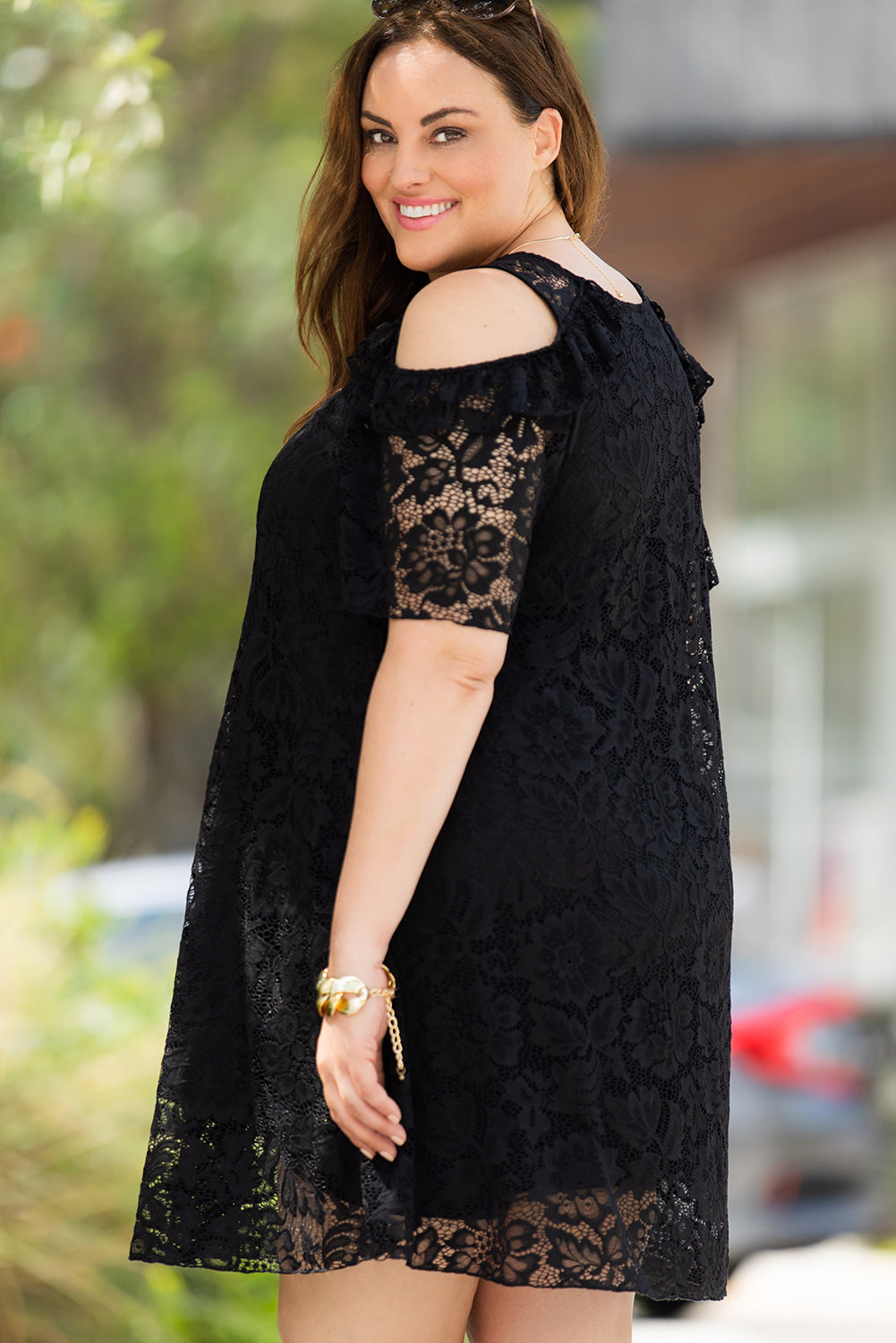 Black Cold Shoulder Lace Plus Size Dress