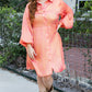 Peach Blossom Metallic Balloon Sleeve Shirt Plus Size Mini Dress