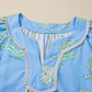 Sky Blue Plus Periwinkle Floral Printed Short Sleeve Striped Trim Split Neck Mini Dress