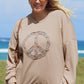 Pale Khaki Floral Peace Sign Graphic Washed Terry Plus Size Sweatshirt