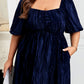 Navy Blue Velvet Ruched Bust Square Neck Short Puff Sleeve Plus Dress