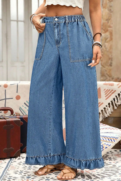 Ashleigh Blue Plus Size Elastic Waist Ruffled Wide Leg Denim Pants