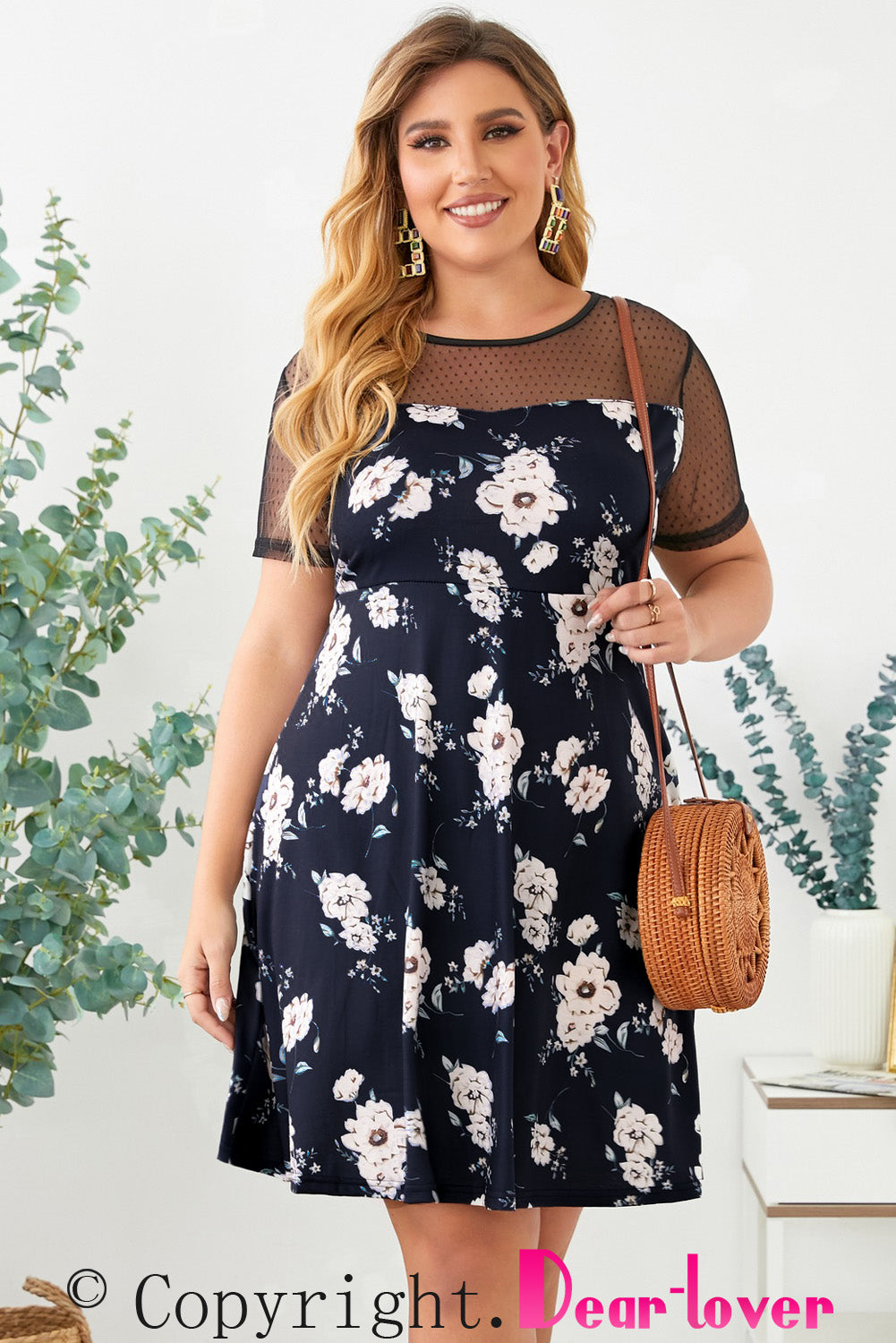 Blue Plus size Floral Print Polka Dots Mesh Patch Mini Dress