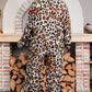Khaki Plus Leopard Print Contrast Piping Striped Patchwork 2pcs Long Pajama Set