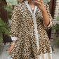 Khaki Plus Size Leopard Print Striped Trim V Neck Drop Waist Long Sleeve Mini Dress