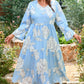 Sky Blue Floral Bracelet Sleeve V Neck Plus Size Tiered Maxi Dress
