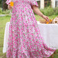 Pink Plus Size Floral Print Smocked Puff Sleeve Dress