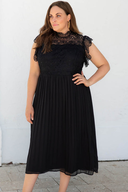 Black Plus Size Lace Bodice High Neck Flowy Pleated Dress