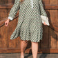 Green Contrast Striped Frilled Collar 3/4 Sleeve Plus Size Floral Dress