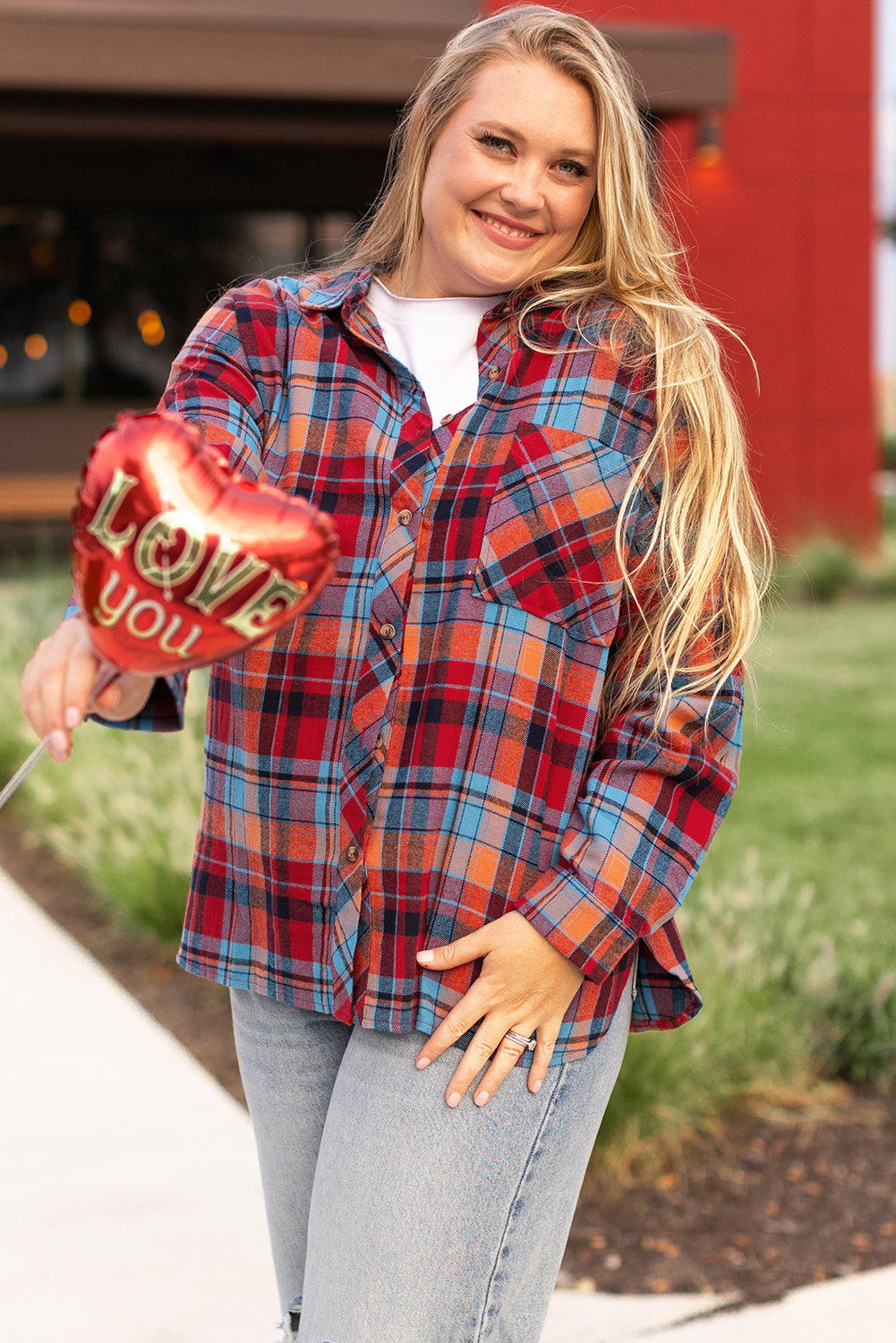 Red Plus Size Plaid Print Buttoned Shirt