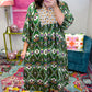 Green Plus Size Mixed Floral Patchwork V Neck Bracelet Sleeve Maxi Dress