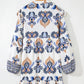 Sky Blue Plus Size Boho Print Split Neck Long Sleeve Mini Dress