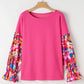 Bright Pink Floral Patchwork Flounce Sleeve Rib Knit Plus Top