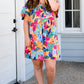 Multicolour Plus Size Leafy Print Split Neck Short Sleeve Shift Dress