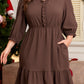 Coffee Plus Size Frilled Trim V Neck Puff Sleeve Textured Mini Dress