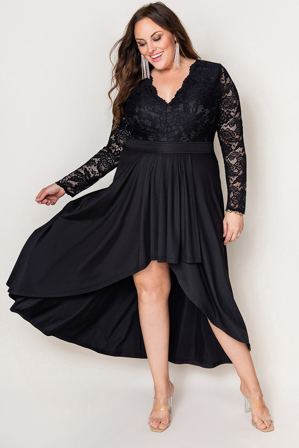 Black Plus Size High-Low Lace Contrast Evening Dress