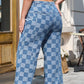 Dusk Blue Plus Size Checkered Seamed High Waist Wide Leg Jeans