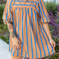 Khaki Stripe Contrast Striped Print 3/4 Sleeve Babydoll Plus Size Dress