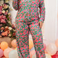 Green Plus Size Printed Long Sleeve and Pants Lounge Set