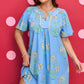 Sky Blue Plus Periwinkle Floral Printed Short Sleeve Striped Trim Split Neck Mini Dress