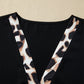 Black Plus Size Leopard Patchwork V Neck 3/4 Sleeve Ruffle Hem Mini Dress