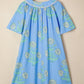 Sky Blue Plus Periwinkle Floral Printed Short Sleeve Striped Trim Split Neck Mini Dress