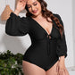 Plus Size Tied Deep V Balloon Sleeve One-Piece Swimsuit