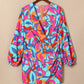 Multicolor Plus Size Abstract Print Pleated Surplice Long Sleeve Dress