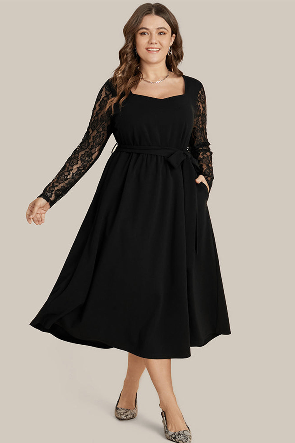 Black Plus Size Sheer Lace Sleeve Belted Ruffle Midi Dress