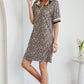 Khaki Leopard Print Zip Neck Striped Webbing Patchwork T Shirt Mini Dress