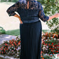 Blue Lace Scalloped V Neck 3/4 Sleeves Pleated Tulle Plus Maxi Dress